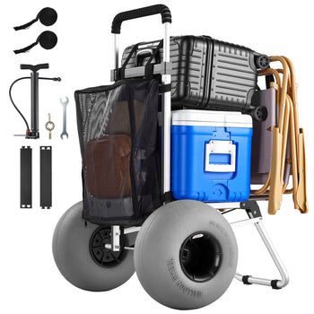 Beach Dolly with Big Wheels for Sand, 20" x 15" Cargo Deck, Folding Sand Cart with 12" Balloon Wheels, 165 lbs Loading Capacity & 34" to 46" Adjustable Height, Heavy Duty Cart for Beach Camping