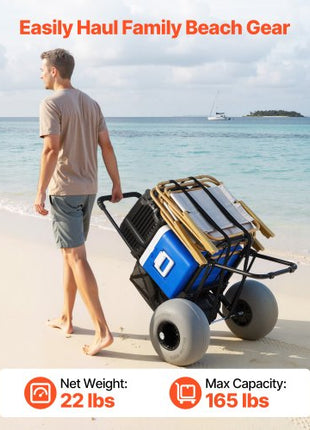 Beach Dolly with Big Wheels for Sand, 18" x 15" Cargo Deck, Folding Sand Cart with 12" Balloon Wheels, 165 lbs Loading Capacity & 34" to 45" Adjustable Height, Heavy Duty Cart for Beach Camping