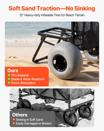 Beach Dolly with Big Wheels for Sand, 18" x 15" Cargo Deck, Folding Sand Cart with 12" Balloon Wheels, 165 lbs Loading Capacity & 34" to 45" Adjustable Height, Heavy Duty Cart for Beach Camping