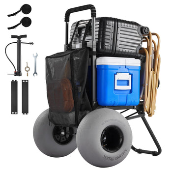 Beach Dolly with Big Wheels for Sand, 18" x 15" Cargo Deck, Folding Sand Cart with 12" Balloon Wheels, 165 lbs Loading Capacity & 34" to 45" Adjustable Height, Heavy Duty Cart for Beach Camping