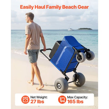 Beach Cart with Large Wheels for Sand, 165 lbs Load Capacity, Heavy Duty Folding Beach Wagon with 12" Balloon Wheels, Storage Bag, 33" to 45" Adjustable Height, Dolly for Camping Fishing Garden