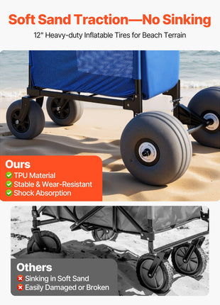 Beach Cart with Large Wheels for Sand, 165 lbs Load Capacity, Heavy Duty Folding Beach Wagon with 12" Balloon Wheels, Storage Bag, 33" to 45" Adjustable Height, Dolly for Camping Fishing Garden