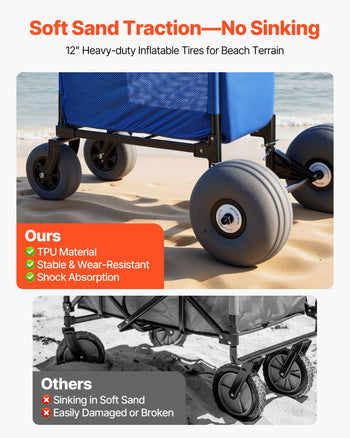 Beach Cart with Large Wheels for Sand, 165 lbs Load Capacity, Heavy Duty Folding Beach Wagon with 12" Balloon Wheels, Storage Bag, 33" to 45" Adjustable Height, Dolly for Camping Fishing Garden