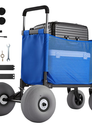 Beach Cart with Large Wheels for Sand, 165 lbs Load Capacity, Heavy Duty Folding Beach Wagon with 12" Balloon Wheels, Storage Bag, 33" to 45" Adjustable Height, Dolly for Camping Fishing Garden