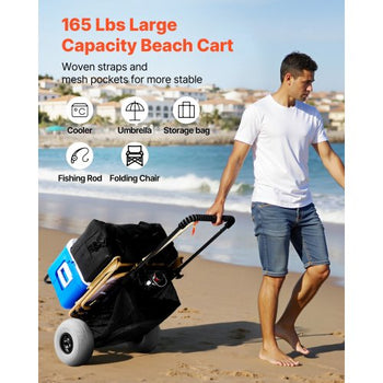 Beach Dolly with Big Wheels for Sand, 20.1" x 14.6" Cargo Deck, w/ 9" Balloon Wheels, 165LBS Loading Capacity Folding Sand Cart & 27.2" to 44.9" Adjustable Height, Heavy Duty Cart for Beach
