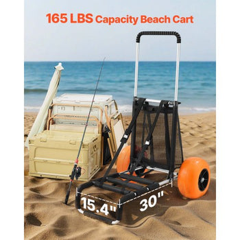Beach Dolly with Big Wheels for Sand, 29.9" x 15.4" Cargo Deck, w/ 12" Solid Wheels, 165LBS Loading Capacity Folding Sand Cart & 27" to 44.7" Adjustable Height, Heavy Duty Cart for Beach