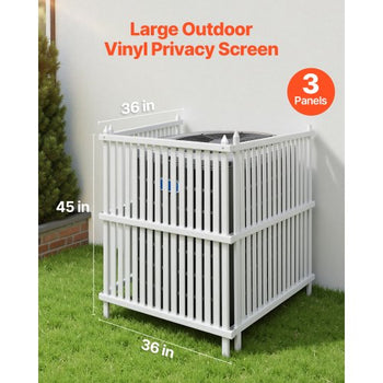 3 Panels Outdoor Privacy Screen, 36 x 45 in Air Conditioner Fence with 19.7 in Ground Stakes, Pool Equipment Enclosure, Strip Vinyl Privacy Fence, Ideal for Trash Can and A/C Units, White