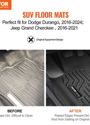 Automotive Floor Mats, Fits for Dodge Durango / Jeep Grand Cherokee 2016-2024 / 2016-2021, 3 pcs Front and 2nd Row Liners, All Weather Custom Fit TPE Vehicle Floor Mats, Easy to Clean, Black