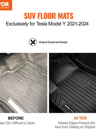 Automotive Floor Mats, Fits for Tesla Model Y 2021-2024, 3 pcs Front and 2nd Row Liners, All Weather Custom Fit TPE Vehicle Floor Mats, Easy to Clean and Secure Floor Liners for SUV, Black