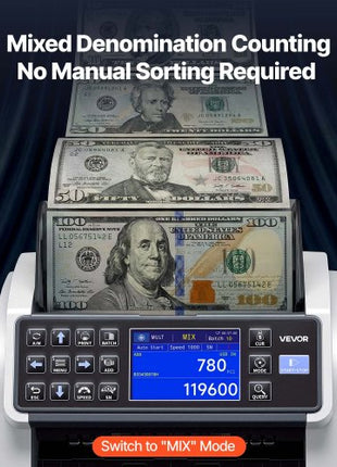 Money Counter Machine, Mixed Denomination Bill Cash Counter with CIS/UV/MG/IR/DD/DBL/HLF/CHN Counterfeit Detection, Multi-Currency Support,  Money Counting Machine with External Display