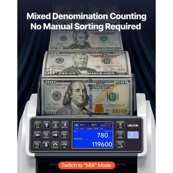 Money Counter Machine, Mixed Denomination Bill Cash Counter with CIS/UV/MG/IR/DD/DBL/HLF/CHN Counterfeit Detection, Multi-Currency Support,  Money Counting Machine with External Display
