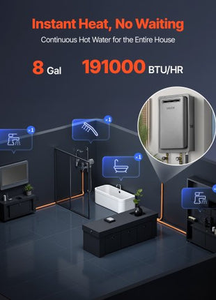Gas Tankless Water Heater, 8Gal Outdoor 191000 BTU Instant Hot Water Heater, Smart Temperature Control & 3/4 inch NPT Interface& Multiple Security Protections for Whole House, Silver Gray