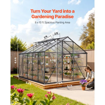 8 x 10 FT Polycarbonate Greenhouse, Heavy Duty Outdoor Green House with Adjustable Vents & Push-Pull Lockable Door, Quick Setup, Aluminum Frame Walk-in Greenhouse Sunroom for Outside Garden Lawn