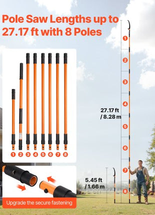 Manual Pole Saw, 4.46-26.4 ft Extendable Tree Pruner, Sharp 65Mn Steel Blade, Lightweight Fiberglass Handle Pole, Two Double-Hook Saws for High Branch Trimming, Pruning Tool for Palms, Shrubs