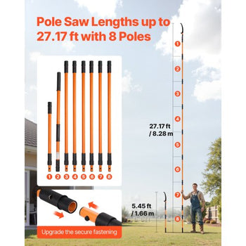 Manual Pole Saw, 4.46-26.4 ft Extendable Tree Pruner, Sharp 65Mn Steel Blade, Lightweight Fiberglass Handle Pole, Two Double-Hook Saws for High Branch Trimming, Pruning Tool for Palms, Shrubs
