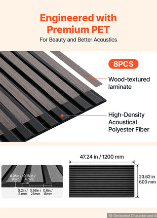 Wood Wall Panels, 47.2 x 23.6 in, Acoustic Slat Panels, Black Gray, Sound Absorbing for Living Rooms, Bedrooms, Offices, and Studios, Interior Wall Decor, PET Construction, Screw Kit, 8-Pack