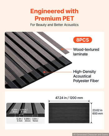 Wood Wall Panels, 47.2 x 23.6 in, Acoustic Slat Panels, Black Gray, Sound Absorbing for Living Rooms, Bedrooms, Offices, and Studios, Interior Wall Decor, PET Construction, Screw Kit, 8-Pack