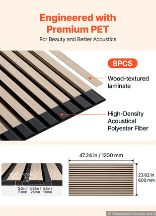 Wood Wall Panels, 47.2 x 23.6 inches, Walnut Acoustic Slat Panels, Sound Absorbing for Living Rooms, Bedrooms, Offices, and Studios, Interior Wall Decor, PET Construction, Screw Kit, 8-Pack