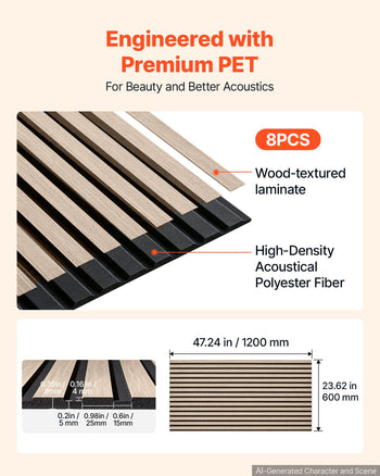 Wood Wall Panels, 47.2 x 23.6 inches, Walnut Acoustic Slat Panels, Sound Absorbing for Living Rooms, Bedrooms, Offices, and Studios, Interior Wall Decor, PET Construction, Screw Kit, 8-Pack