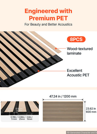 Wood Wall Panels, 47.2 x 23.6 inches, Acoustic Slat Panels Oak Finish, Sound Absorbing for Living Rooms, Bedrooms, Offices, and Studios, Interior Wall Decor, PET Construction, Screw Kit, 8-Pack