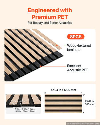Wood Wall Panels, 47.2 x 23.6 inches, Acoustic Slat Panels Oak Finish, Sound Absorbing for Living Rooms, Bedrooms, Offices, and Studios, Interior Wall Decor, PET Construction, Screw Kit, 8-Pack