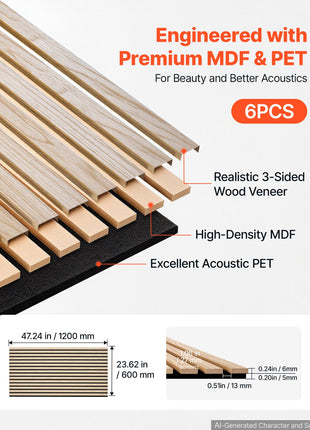 Wood Wall Panels, 47.2 x 23.6 in, Acoustic Slat Panels, Oak Finish, Sound Absorbing for Living Rooms, Bedrooms, Offices, Studios, Interior Wall Decor, MDF & PET Construction, Screw Kit, 6-Pack