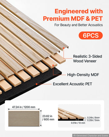 Wood Wall Panels, 47.2 x 23.6 in, Acoustic Slat Panels, Oak Finish, Sound Absorbing for Living Rooms, Bedrooms, Offices, Studios, Interior Wall Decor, MDF & PET Construction, Screw Kit, 6-Pack