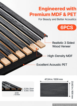 Wood Wall Panels, 47.2 x 23.6 in, Acoustic Slat Panels, Black Oak, Sound Absorbing for Living Rooms, Bedrooms, Offices, Studios, Interior Wall Decor, MDF & PET Construction, Screw Kit, 6-Pack