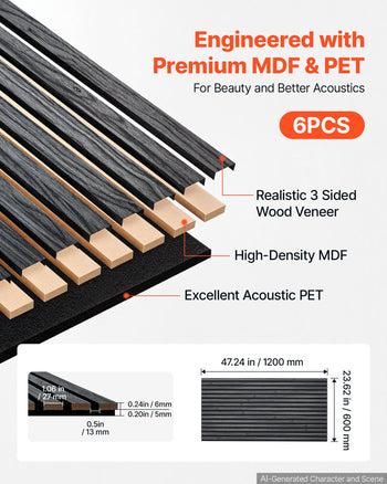 Wood Wall Panels, 47.2 x 23.6 in, Acoustic Slat Panels, Black Oak, Sound Absorbing for Living Rooms, Bedrooms, Offices, Studios, Interior Wall Decor, MDF & PET Construction, Screw Kit, 6-Pack