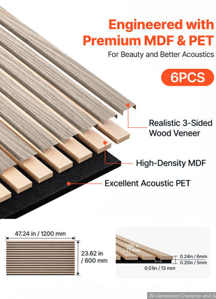 Wood Wall Panels, 47.2 x 23.6 inches, Acoustic Slat Panels, Walnut, Sound Absorbing for Living Rooms, Bedrooms, Offices, Studios, Interior Wall Decor, MDF & PET Construction, Screw Kit, 6-Pack