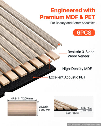 Wood Wall Panels, 47.2 x 23.6 inches, Acoustic Slat Panels, Walnut, Sound Absorbing for Living Rooms, Bedrooms, Offices, Studios, Interior Wall Decor, MDF & PET Construction, Screw Kit, 6-Pack