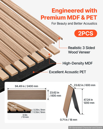 Wood Wall Panels, 94.5 x 23.6 inches, Acoustic Slat Panels, Walnut, Sound Absorbing for Living Rooms, Bedrooms, Offices, Studios, Interior Wall Decor, MDF & PET Construction, Screw Kit, 2-Pack