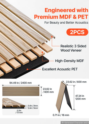Wood Wall Panels, 94.5 x 23.6 in, Acoustic Slat Panels, Oak Finish, Sound Absorbing for Living Rooms, Bedrooms, Offices, Studios, Interior Wall Decor, MDF & PET Construction, Screw Kit, 2-Pack