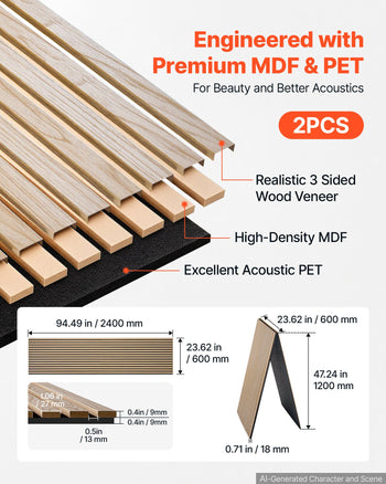 Wood Wall Panels, 94.5 x 23.6 in, Acoustic Slat Panels, Oak Finish, Sound Absorbing for Living Rooms, Bedrooms, Offices, Studios, Interior Wall Decor, MDF & PET Construction, Screw Kit, 2-Pack