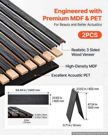Wood Wall Panels, 94.5 x 23.6 inches, Acoustic Slat Panels, Black Oak, Sound Absorbing for Living Rooms, Bedrooms, Offices, Studios, Interior Wall Decor, MDF & PET Construction, Screw Kit, 2-Pack