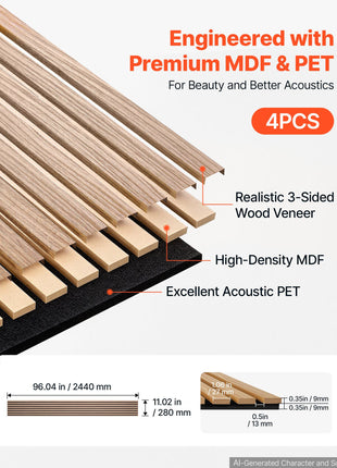 Wood Wall Panels, 96.1 x 11 in, Acoustic Slat Panels, Walnut Finish, Sound Absorbing for Living Rooms, Bedrooms, Offices, Studios, Interior Wall Decor, MDF & PET Construction, Screw Kit, 4-Pack