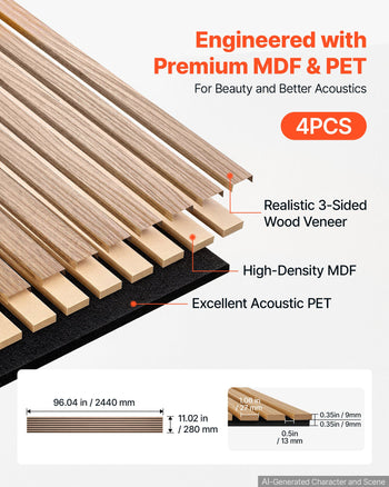 Wood Wall Panels, 96.1 x 11 in, Acoustic Slat Panels, Walnut Finish, Sound Absorbing for Living Rooms, Bedrooms, Offices, Studios, Interior Wall Decor, MDF & PET Construction, Screw Kit, 4-Pack