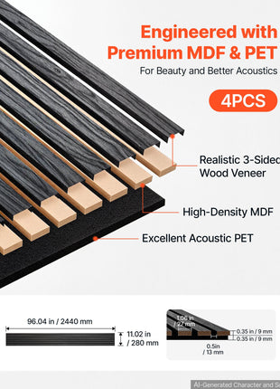 Wood Wall Panels, 96.1 x 11 inches, Acoustic Slat Panels, Black Oak, Sound Absorbing for Living Rooms, Bedrooms, Offices, Studios, Interior Wall Decor, MDF & PET Construction, Screw Kit, 4-Pack