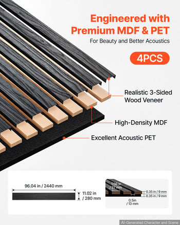 Wood Wall Panels, 96.1 x 11 inches, Acoustic Slat Panels, Black Oak, Sound Absorbing for Living Rooms, Bedrooms, Offices, Studios, Interior Wall Decor, MDF & PET Construction, Screw Kit, 4-Pack