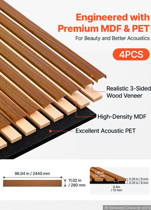 Wood Wall Panels, 96.1 x 11 inches, Acoustic Slat Panels, Dark Teak, Sound Absorbing for Living Rooms, Bedrooms, Offices, Studios, Interior Wall Decor, MDF & PET Construction, Screw Kit, 4-Pack