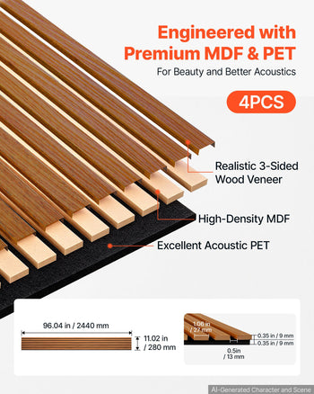 Wood Wall Panels, 96.1 x 11 inches, Acoustic Slat Panels, Dark Teak, Sound Absorbing for Living Rooms, Bedrooms, Offices, Studios, Interior Wall Decor, MDF & PET Construction, Screw Kit, 4-Pack