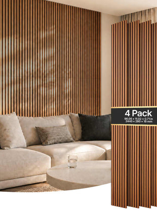 Wood Wall Panels, 96.1 x 11 inches, Acoustic Slat Panels, Dark Teak, Sound Absorbing for Living Rooms, Bedrooms, Offices, Studios, Interior Wall Decor, MDF & PET Construction, Screw Kit, 4-Pack