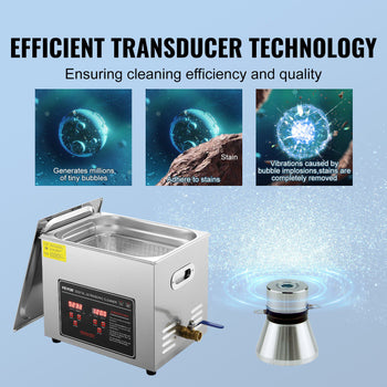 Stainless steel ultrasonic cleaner with efficient transducer technology, designed for deep cleaning and stain removal.