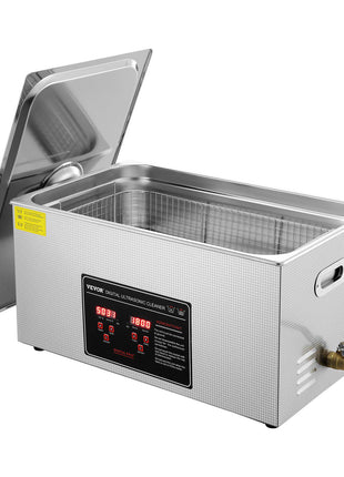Stainless steel ultrasonic cleaner, 3L capacity, digital control panel, sleek design with removable lid.