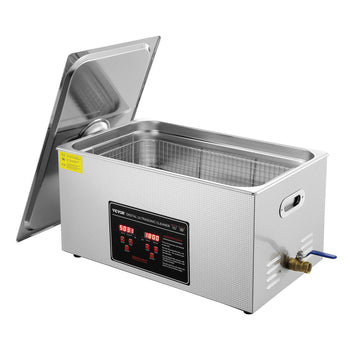 Stainless steel ultrasonic cleaner, 3L capacity, digital control panel, sleek design with removable lid.