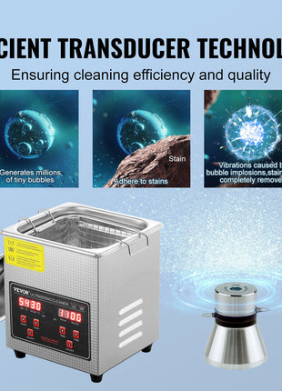 Stainless steel ultrasonic cleaner featuring efficient transducer technology for deep cleaning and stain removal.