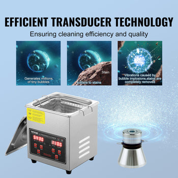 Stainless steel ultrasonic cleaner featuring efficient transducer technology for deep cleaning and stain removal.