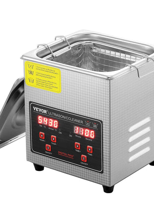 Vevor ultrasonic cleaner, stainless steel, digital display, 2L capacity, sleek design, ideal for jewelry and small parts.