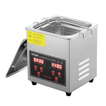 Vevor ultrasonic cleaner, stainless steel, digital display, 2L capacity, sleek design, ideal for jewelry and small parts.