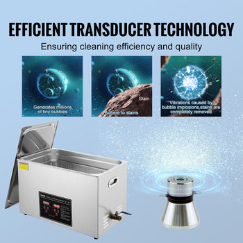 Stainless steel ultrasonic cleaner with efficient transducer technology for deep cleaning and stain removal.